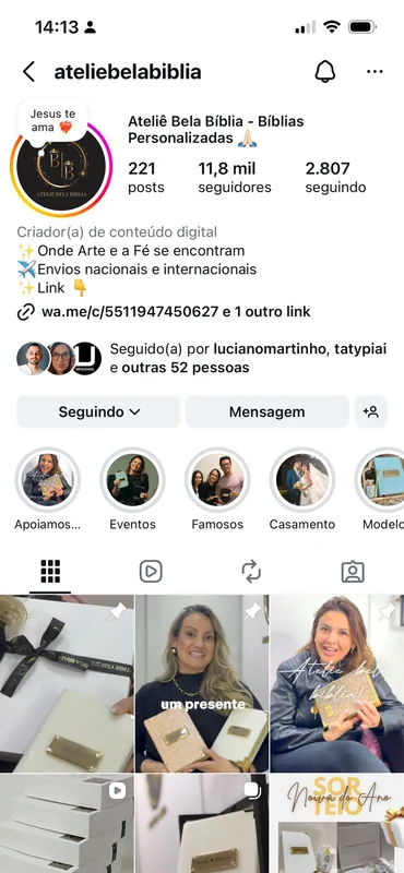 Perfil do Ateliê Bela Bíblia no Instagram