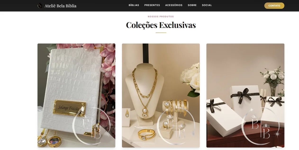 Site do Ateliê Bela Bíblia com coleções exclusivas